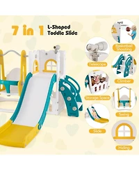 7-in-1 Toddler Swing and Slide Set L-shaped with Ladder and Basketball Hoop