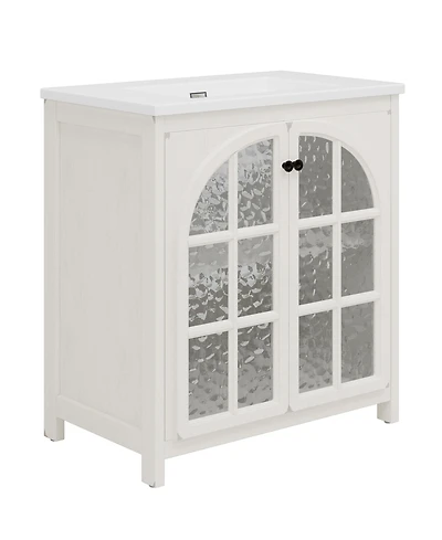 Airsurfer 31 Inch Vanity with Ceramic Sink Faux Aged Finish Vintage Rustic Bathroom Cabinet with Bronze Pulls and 2 Soft Closing Doors Antique White