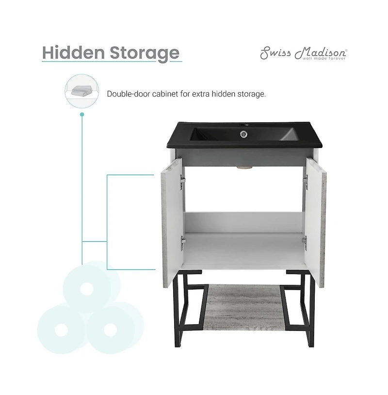 Marseille 24 in. Gray Oak Bathroom Vanity With Black Ceramic Sink Top