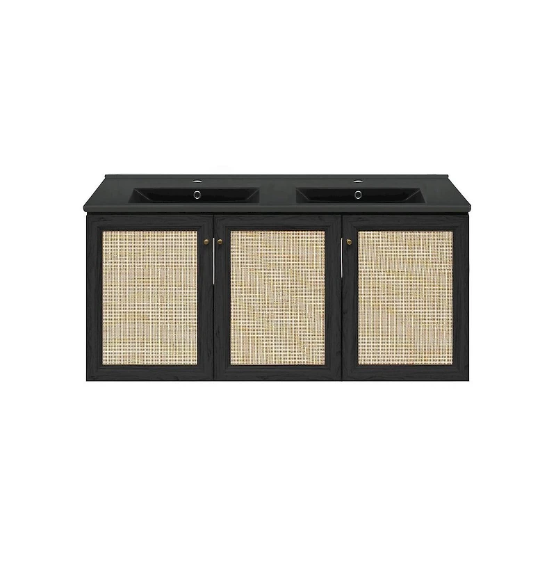 Swiss Madison48" Wall-Mounted Bathroom Vanity in Black Oak with Black Double Basin Sink Top