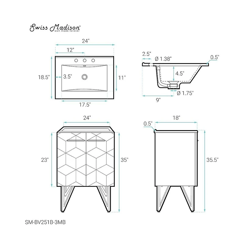Swiss MadisonAnnecy 24 in. Phantom Black Bathroom Vanity With Black, 3-Hole Ceramic Sink Top