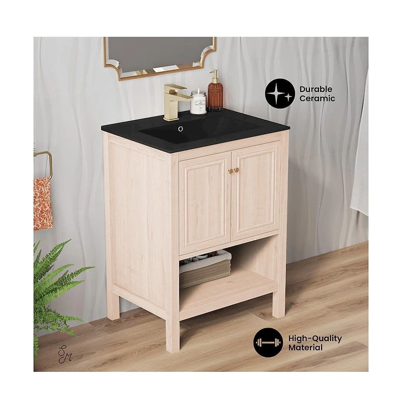 Swiss Madison Chateau 24" Freestanding Bathroom Vanity in White Oak with Black Sink Top
