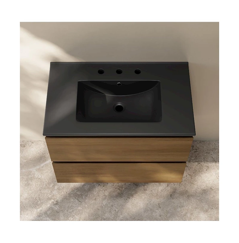 Swiss Madison 30" Wall-Mounted Bathroom Vanity in Brown Oak, Black 3-Hole Widespread Sink Top