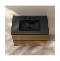 Swiss Madison 30" Wall-Mounted Bathroom Vanity in Brown Oak, Black 3-Hole Widespread Sink Top