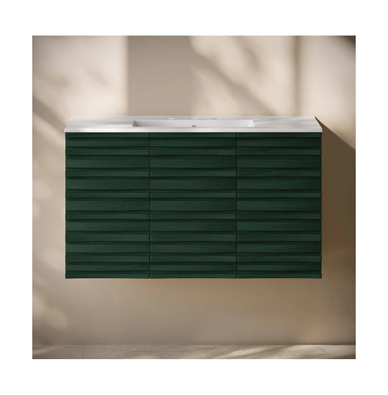 Swiss Madison 36 " Wall-Mounted Bathroom Vanity in Green Oak with 3-Hole Widespread Sink Top