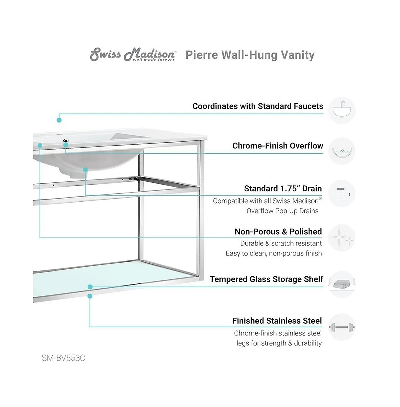 Swiss MadisonPierre 36 Single, Open Shelf, Chrome Metal Frame Bathroom Vanity