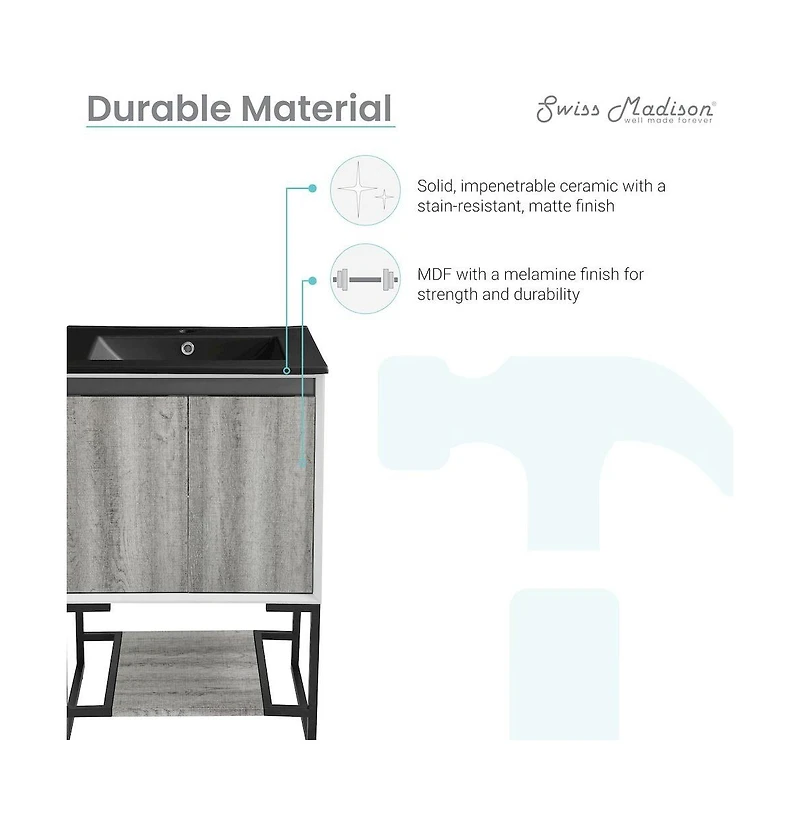 Marseille 24 in. Gray Oak Bathroom Vanity With Black Ceramic Sink Top