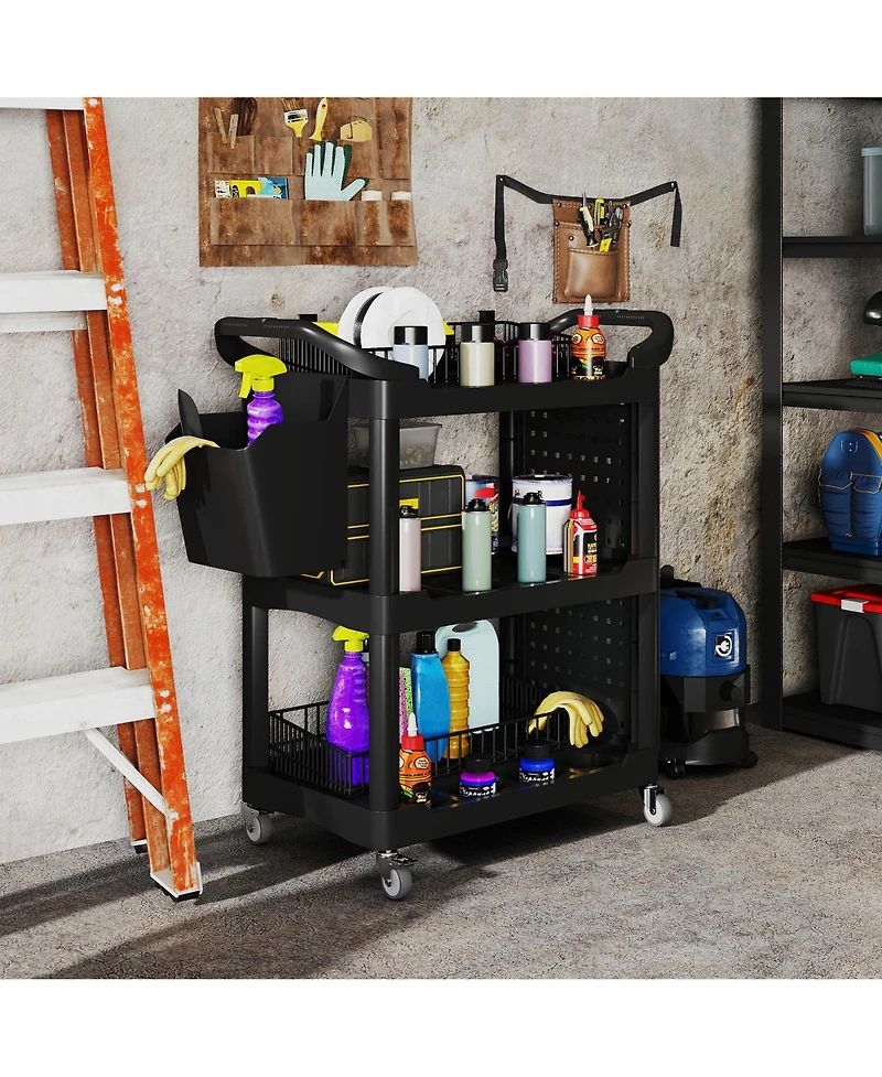 Homcom 3-Tier Rolling Tool Cart, Utility Cart with Side Shelf & Hook