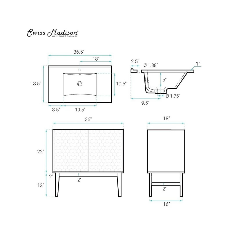 Swiss Madison Bosse 36" Freestanding Bathroom Vanity in Black Oak with Black Sink Top