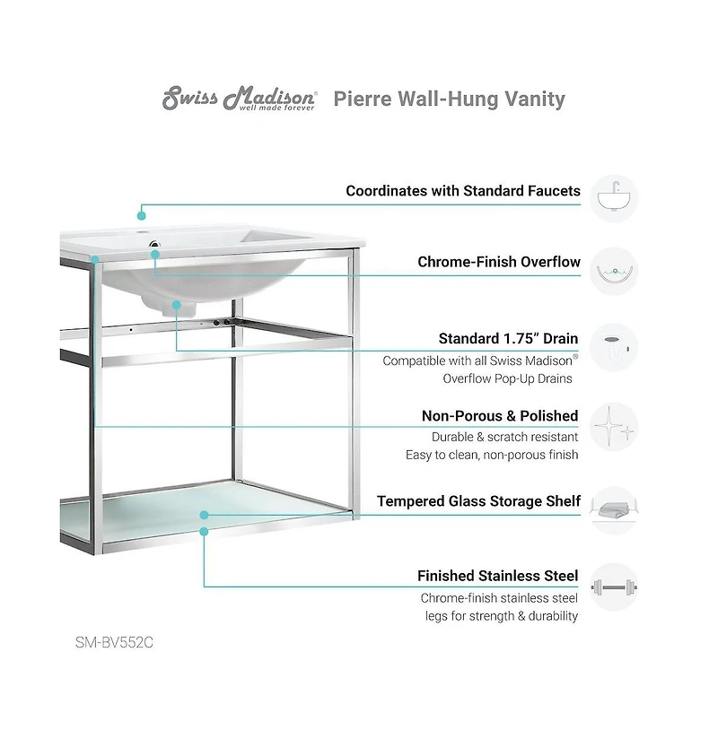 Swiss Madison Pierre 24 Single, Open Shelf, Chrome Metal Frame Bathroom Vanity