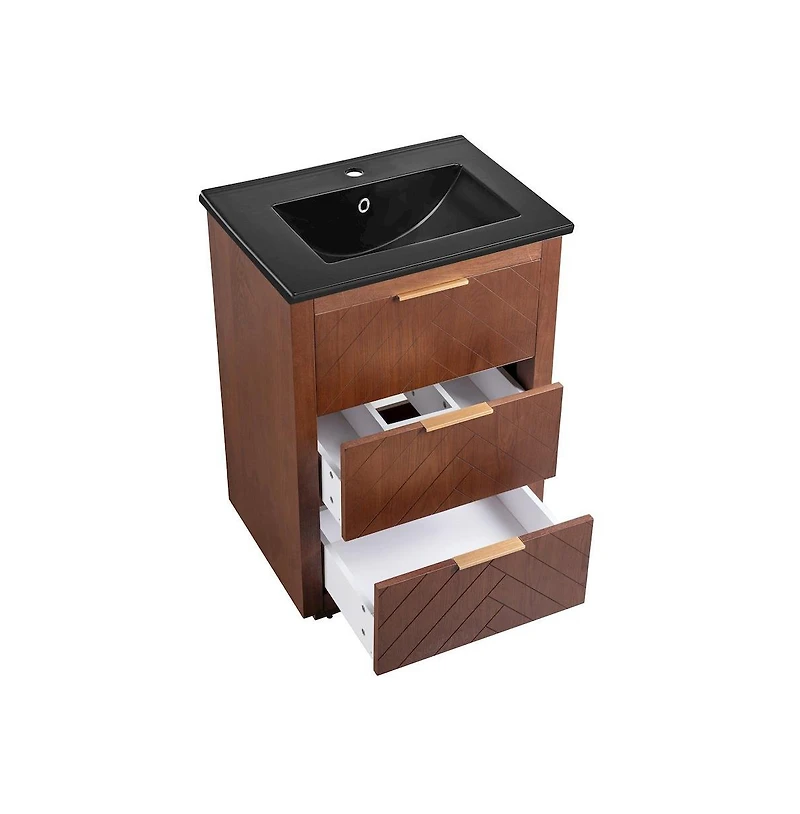 Daxton 24" Freestanding Bathroom Vanity in Brown Oak with Black Sink Top