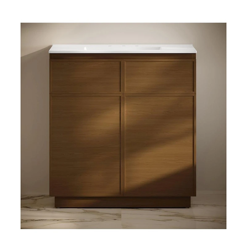Swiss Madison 36" Freestanding Bathroom Vanity in Brown Oak with 3-Hole Widespread Sink Top