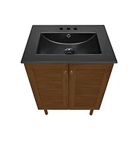 Swiss Madison 24" Freestanding Bathroom Vanity in Brown Oak, Black 3-Hole Centerset Sink Top