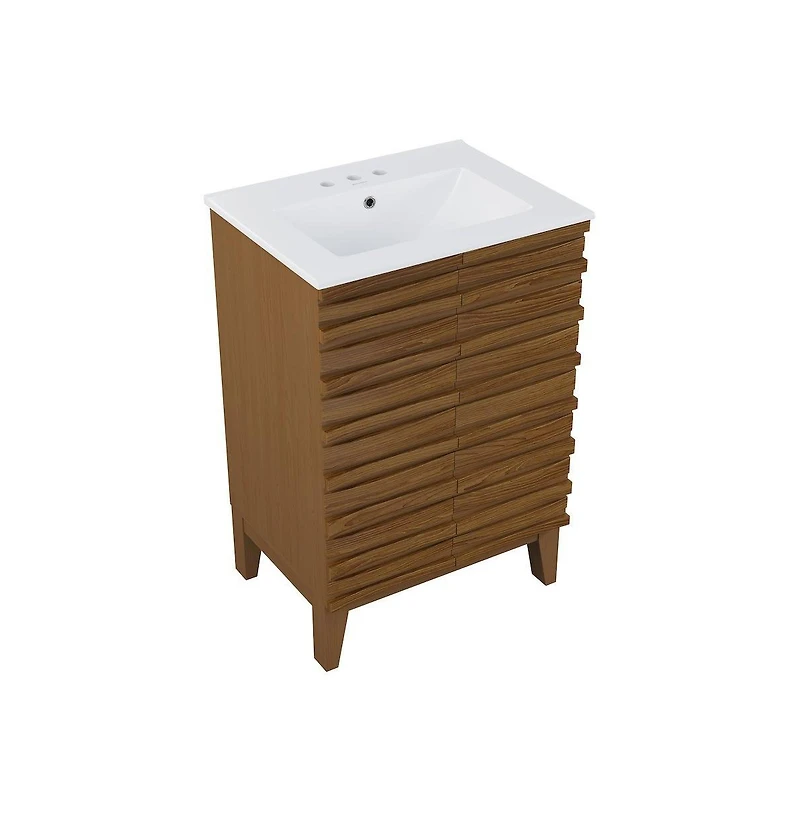 Swiss Madison Cascade 24 in. Brown Oak Bathroom Vanity With White, 3-Hole Ceramic Sink Top