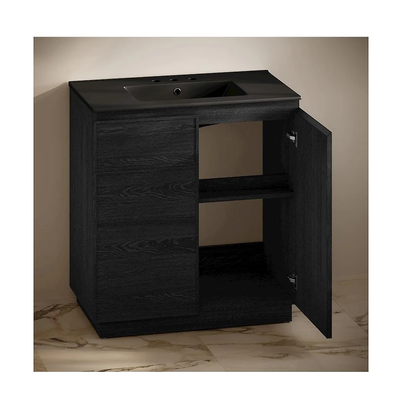 Swiss Madison36" Freestanding Bathroom Vanity in Black Oak, Black 3-Hole Widespread Sink Top