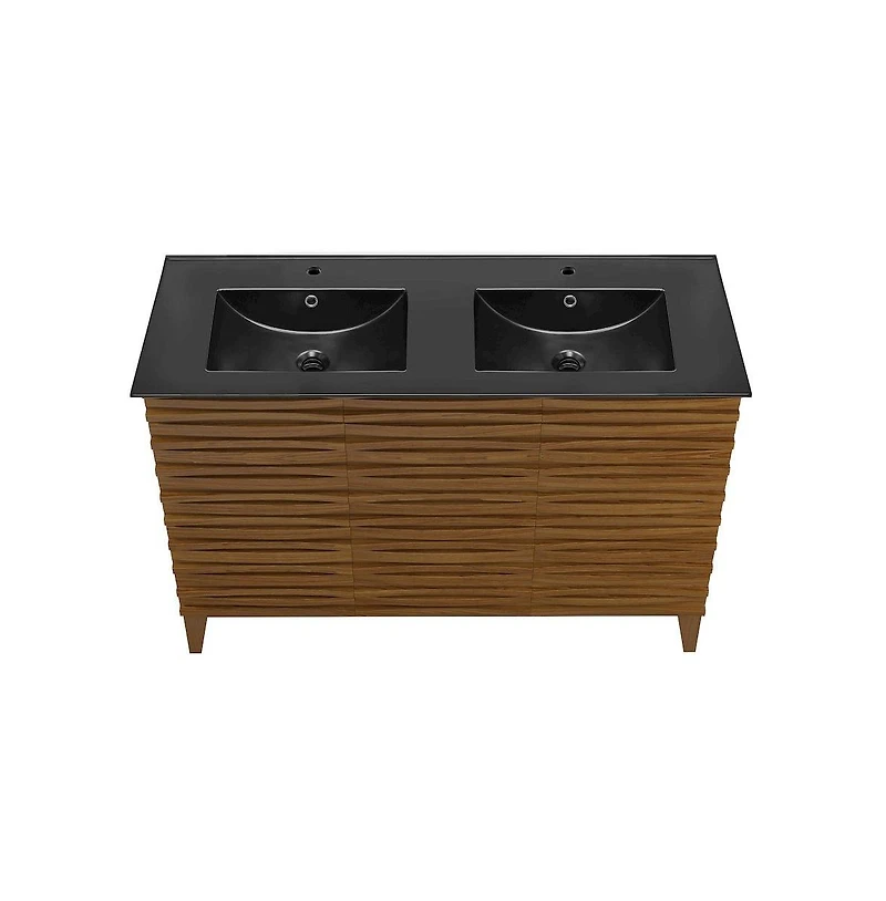 Swiss Madison 48 in. Brown Oak, Double Basin Bathroom Vanity With Black Ceramic Sink Top