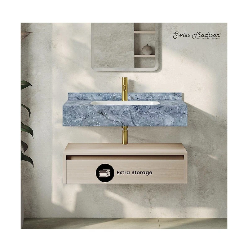 Avancer 36" Wall-Mounted Bathroom Vanity in White Oak with Blue Celeste Sink Top