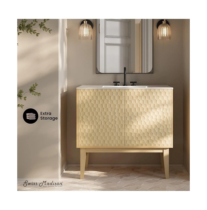 Swiss Madison 36" Freestanding Bathroom Vanity in Natural Oak with 3-Hole Widespread Sink Top