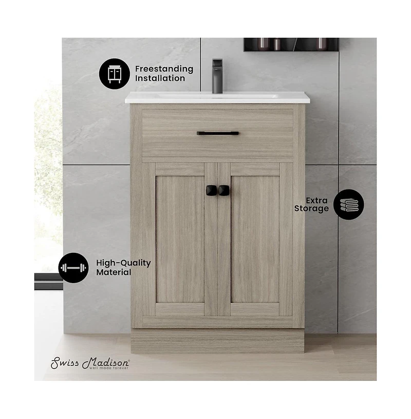 Swiss Madison Burdon 24" Freestanding Bathroom Vanity in Weathered Oak with Sink Top