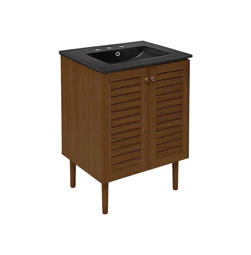 Swiss Madison 24" Freestanding Bathroom Vanity in Brown Oak, Black 3-Hole Widespread Sink Top