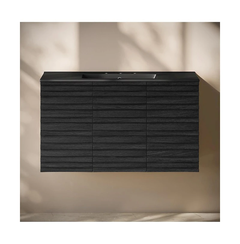 Swiss Madison 36" Wall-Mounted Bathroom Vanity in Black Oak, Black 3-Hole Widespread Sink Top