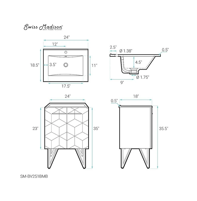 Swiss Madison Annecy 24 in. Phantom Black Bathroom Vanity With Black Ceramic Sink Top
