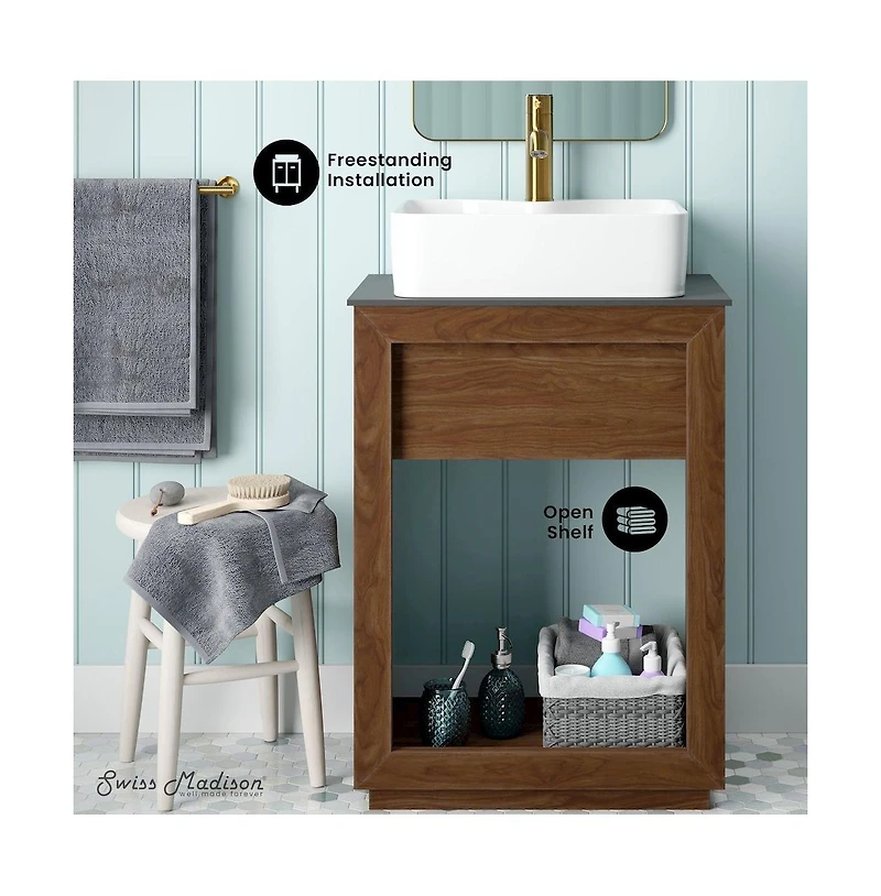 Swiss Madison24" Reclaimed Wood Vanity, Walnut, Slate Countertop and Single Hole Vessel Sink