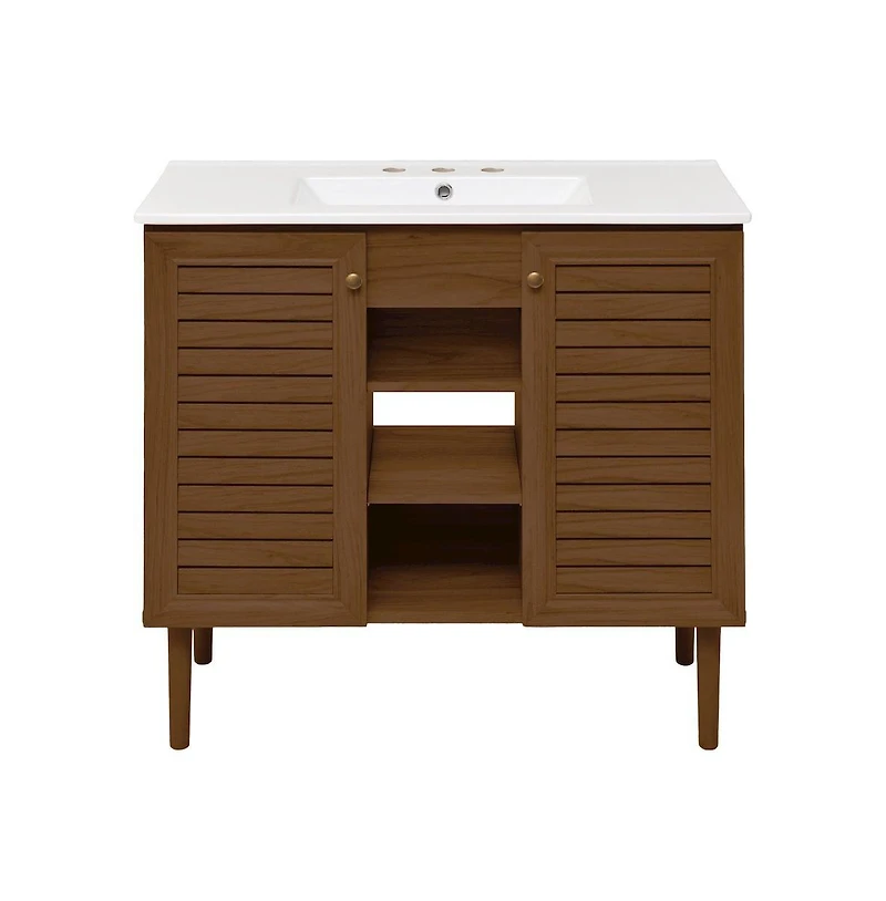 Swiss Madison 36" Freestanding Bathroom Vanity in Brown Oak with 3-Hole Widespread Sink Top