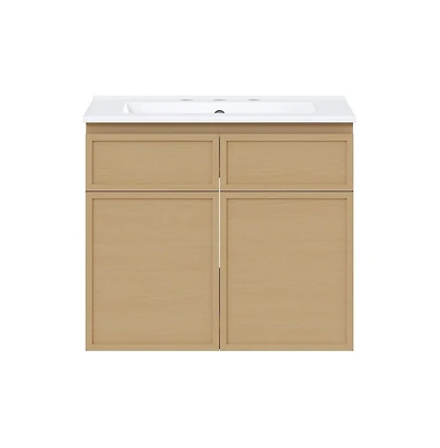 Swiss Madison 24" Wall-Mounted Bathroom Vanity in Natural Oak with 3-Hole Widespread Sink Top