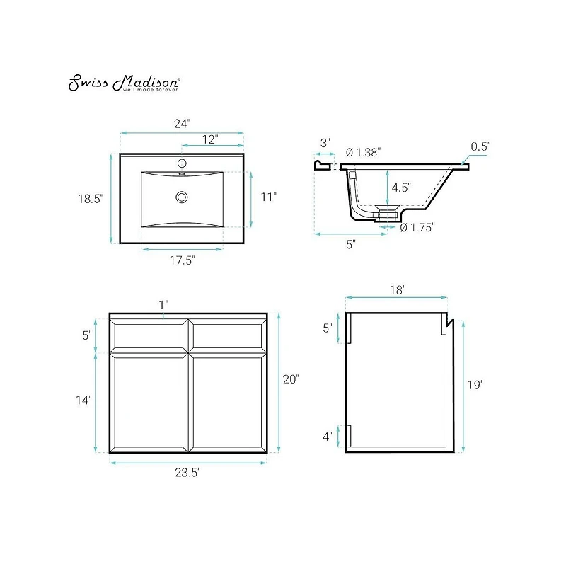 Swiss Madison St. Tropez 24" Wall-Mounted Bathroom Vanity in Natural Oak with Sink Top