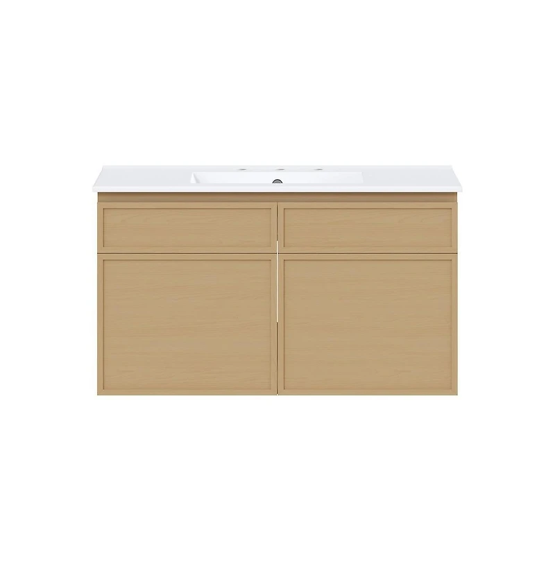 36" Wall-Mounted Bathroom Vanity in Natural Oak with 3-Hole Widespread Sink Top
