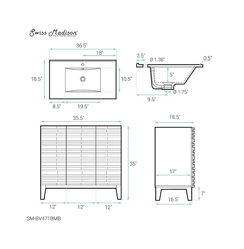 Swiss Madison Cascade 36 in. Black Oak Bathroom Vanity With Black Ceramic Sink Top