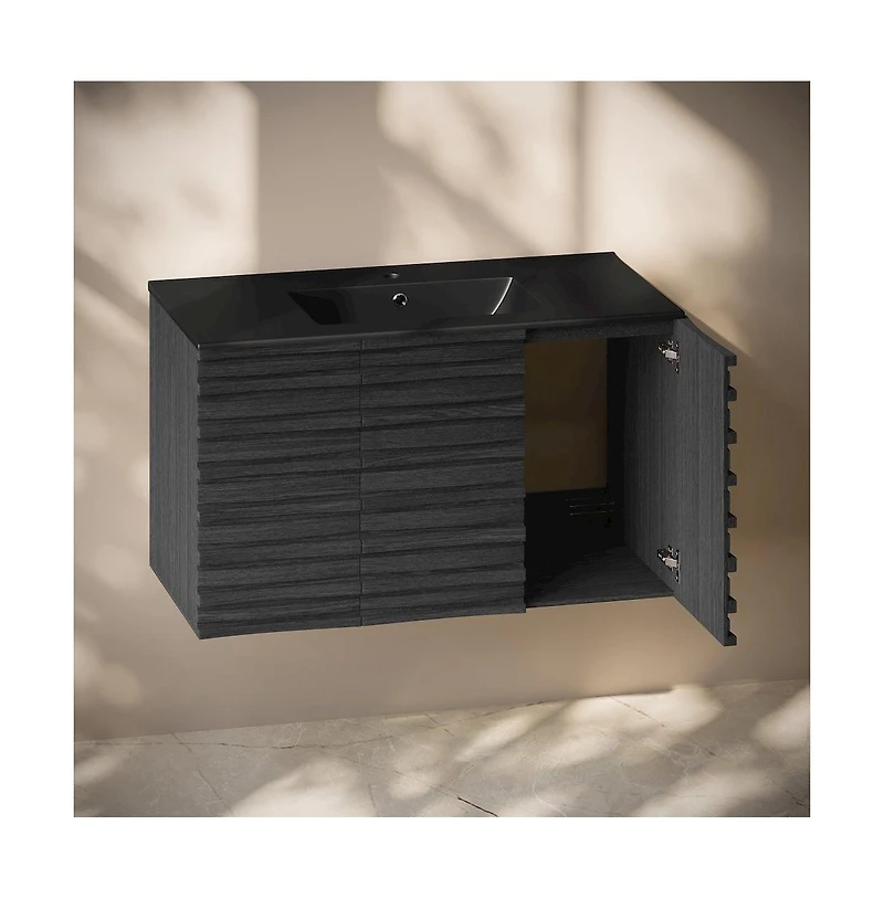 Swiss MadisonCascade 36" Wall-Mounted Bathroom Vanity in Black Oak with Black Sink Top