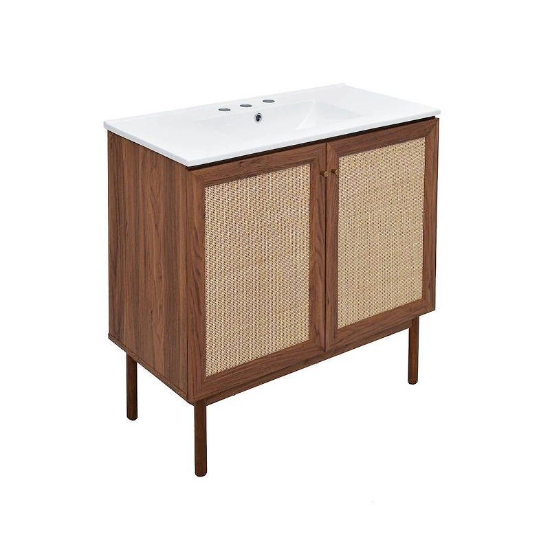 Swiss Madison 36" Freestanding Bathroom Vanity in Brown Oak with 3-Hole Widespread Sink Top
