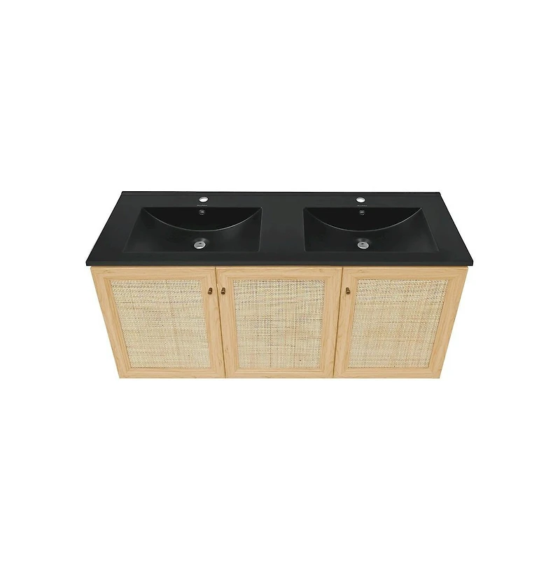 Swiss Madison 48" Wall-Mounted Bathroom Vanity in Natural Oak with Double Basin Sink Top