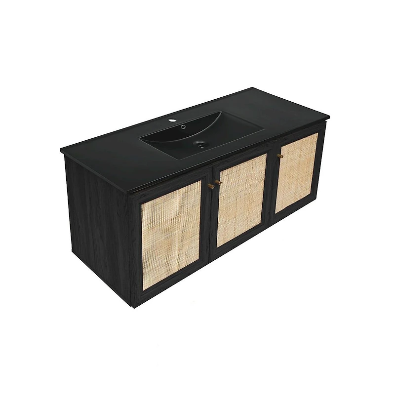 Classe 48" Wall-Mounted Bathroom Vanity in Black Oak with Black Sink Top