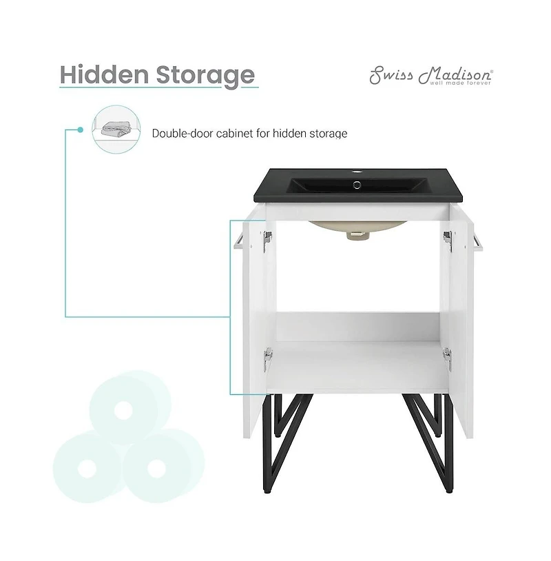 Swiss Madison Annecy 24 in. White Bathroom Vanity With Black Ceramic Sink Top