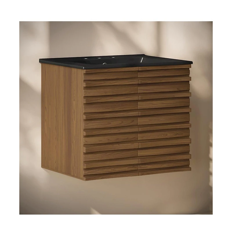 Swiss Madison24" Wall-Mounted Bathroom Vanity in Brown Oak, Black 3-Hole Widespread Sink Top