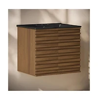 Swiss Madison24" Wall-Mounted Bathroom Vanity in Brown Oak, Black 3-Hole Widespread Sink Top