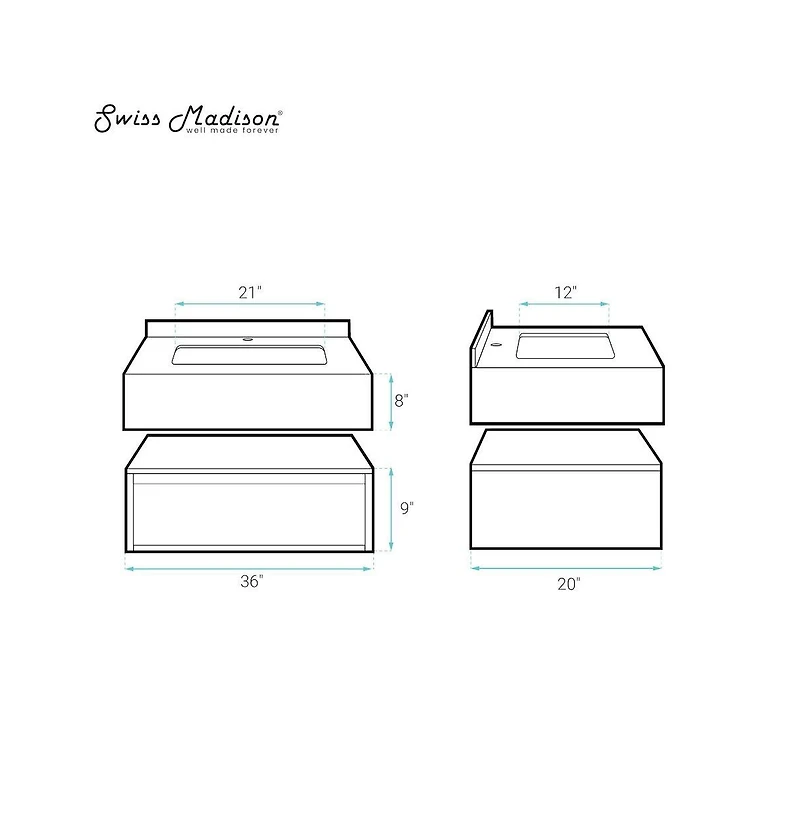 36" Wall-Mounted Bathroom Vanity in White Oak with Charcoal Gray Sink Top