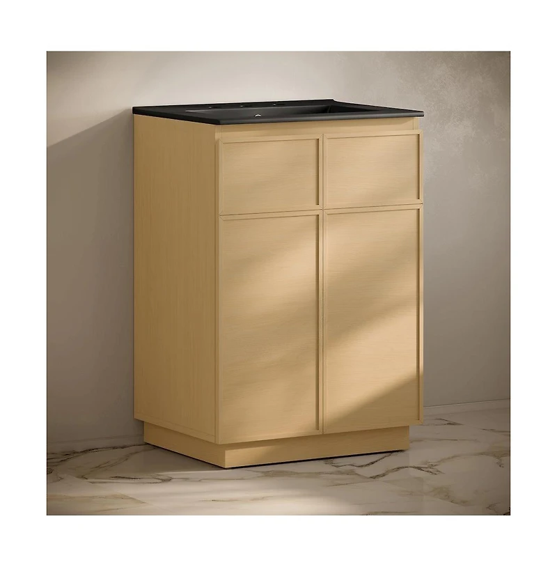 Swiss Madison 24" Freestanding Bathroom Vanity, Natural Oak, Black 3-Hole Widespread Sink Top