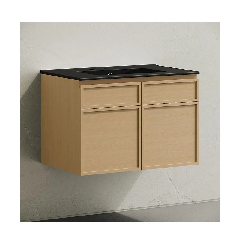 Swiss Madison 30" Wall-Mounted Bathroom Vanity, Natural Oak, Black 3-Hole Widespread Sink Top