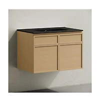 Swiss Madison 30" Wall-Mounted Bathroom Vanity, Natural Oak, Black 3-Hole Widespread Sink Top