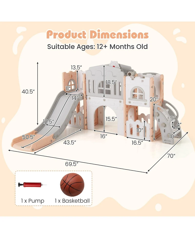 All-in-1 Toddler Slide Playset Playground with Tunnel and Ladder and Basketball