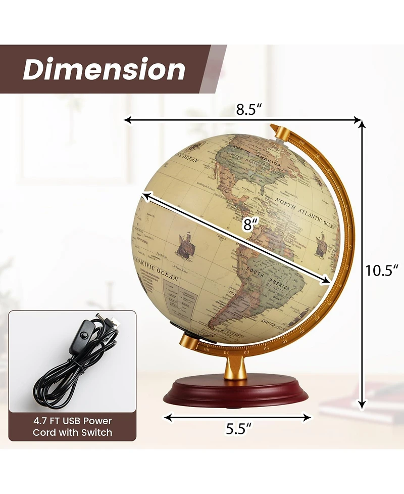 Mecale 8 Inch Illuminated World Globe Night Light up Globe Lamp with Wooden Stand and Hd Map