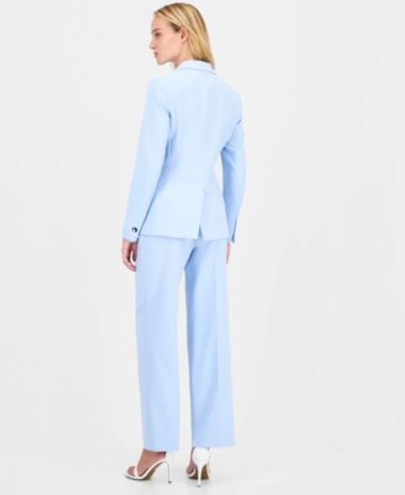 Anne Klein Womens Notch Collar One Button Jacket Printed Boat Neck Short Sleeve Top High Rise Wide Leg Pants