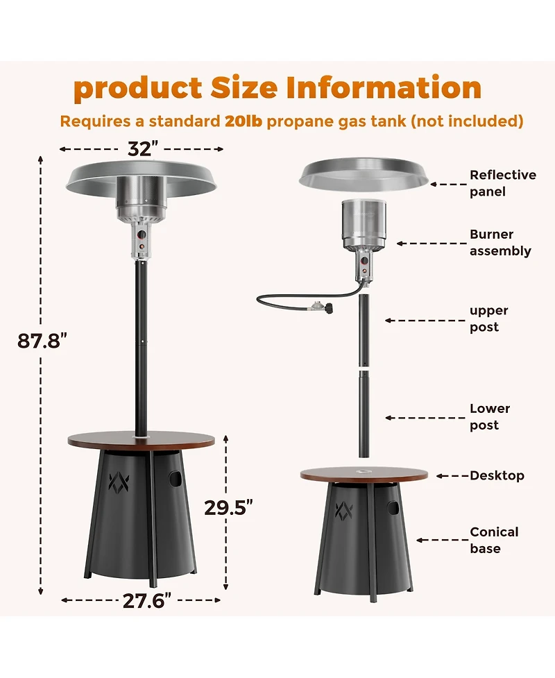Pamapic 50,000 Btu Propane Patio Heater with 28" Round Storage Table and Adjustable Thermostat