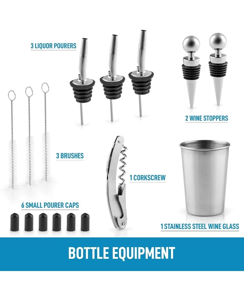 24 Piece Professional Stainless Steel Bartender Set with Bamboo Stand