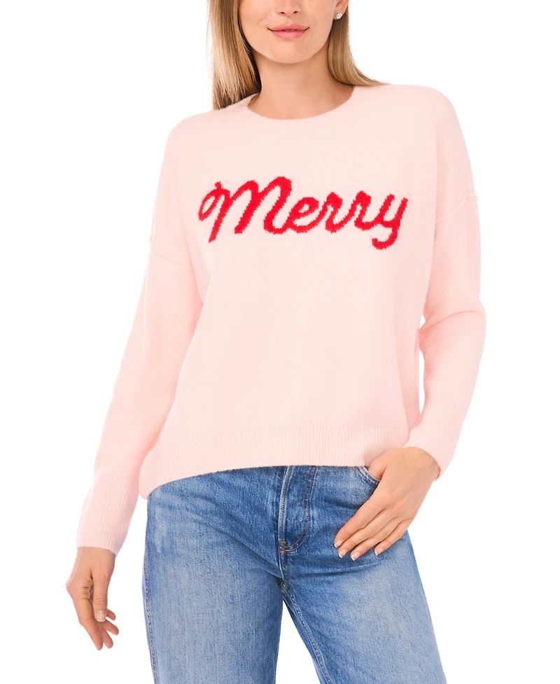 CeCe Women's Merry Script Long-Sleeve Cozy Sweater
