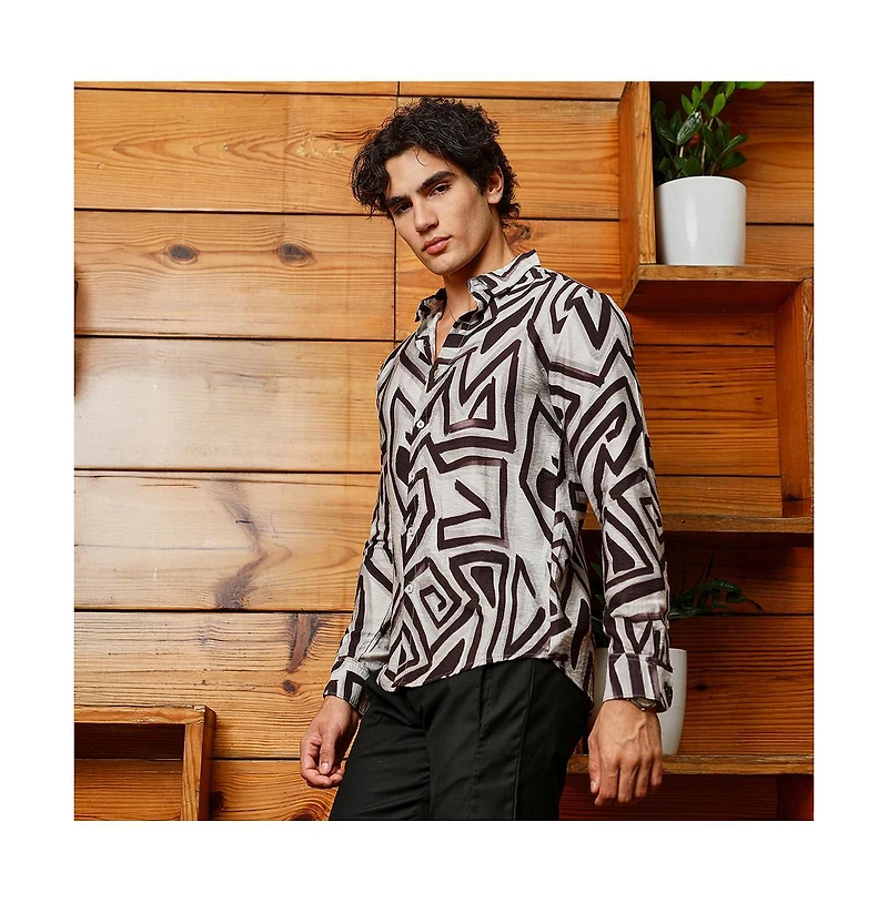 Campus Sutra Men's Onyx Black & Cloud Grey Abstract Breezy Shirt